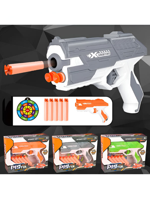 Soft Bullet Toy Gun Grey - Kids Foam Dart Blaster Pistol with 4 Suction Cup Darts & Ammo Storage, Pull-Back Action High-Speed Shooting Blaster Gun Toy for Kids LMI14922