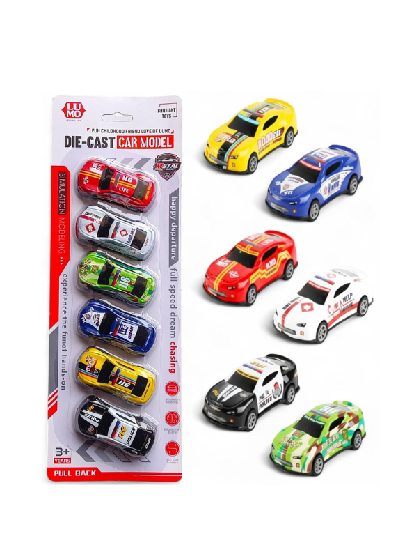 6-Piece Die-Cast Metal Pull Back Toy Car Set – Mini Racing, Police & Emergency Vehicles for Kids LMI15683