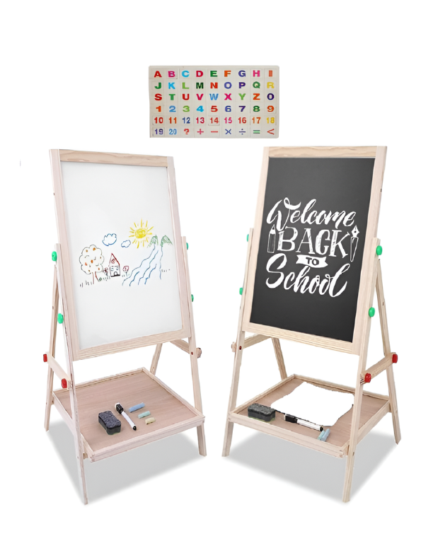 Adjustable Wooden Art Easel for Kids – Double-Sided Magnetic Drawing Board & Chalkboard with Storage Tray and Educational Accessories Set TV7046