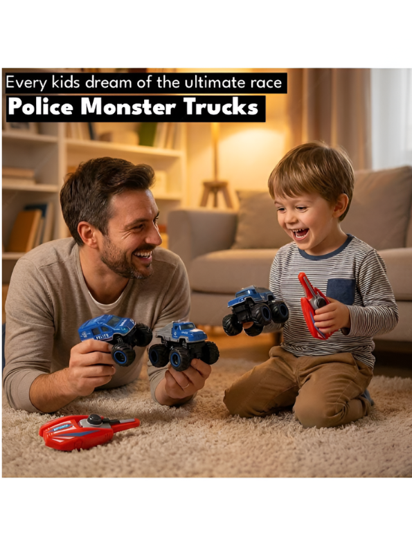 Alloy Monster Truck Pack of 4 with Police Speed Launcher – Heavy-Duty Vehicles with Inertia Drive NX16307
