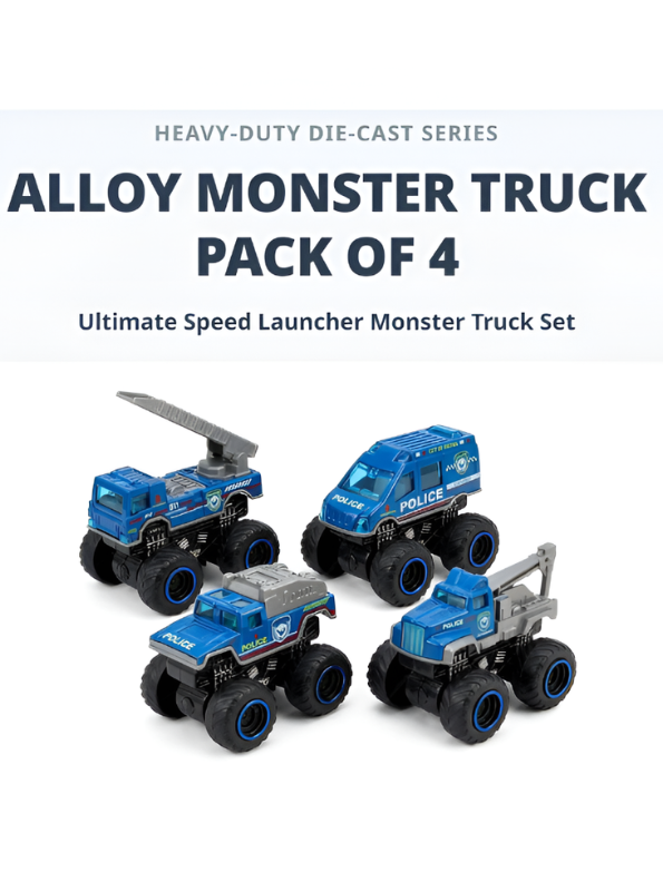 Alloy Monster Truck Pack of 4 with Police Speed Launcher – Heavy-Duty Vehicles with Inertia Drive NX16307