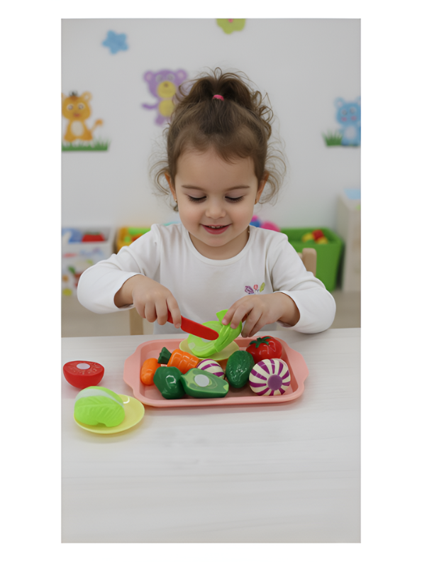 11 Piece Kids Play Food Set - Cutting Vegetables & Fruit Toys with Velcro, Plastic Knife, and Serving Tray for Toddlers LMI15136