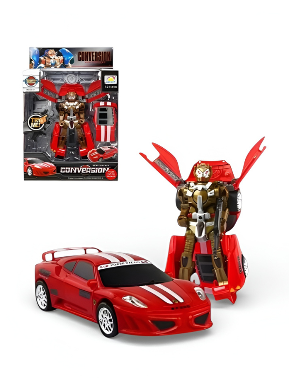 2-in-1 Transforming Robot Sports Car Toy for Kls Agids - One-Button Deformation, Red Racing Car with Racing Decals, Action Figure Toy for Boys and Gires 3+ LMI12609