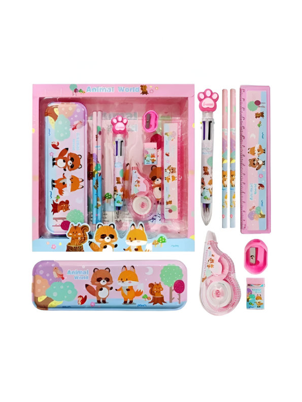 Animal World Stationery Set for Kids | Cute Fox & Raccoon Themed Back to School Kit | Pencil Case & Supplies Gift NOVGBT-8462.