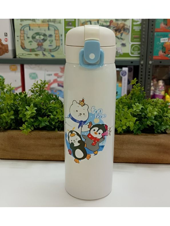 White - AquaJoy Stainless Steel Water Bottle for Kids – 450ml Cute Printed Push Button Sipper | Leak-Proof & BPA-Free | Ideal for School & Outdoor Use NOV8421.