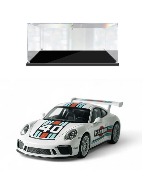 White - Porsche 911 GT3 RS Martini – Supercar Toy with Pull Back Action for Kids & Collectors F21008 Scale 1:32 - Acrylic Transparent Box.