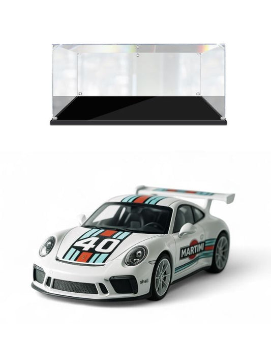 White - Porsche 911 GT3 RS Martini – Supercar Toy with Pull Back Action for Kids & Collectors F21008 Scale 1:32 - Acrylic Transparent Box.