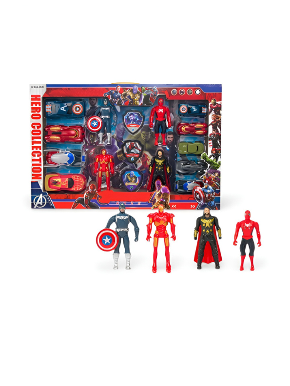 Avengers Inspired Hero Toy Set – Marvel Endgame Style Action Figures, Pull-Back Superhero Cars & Badges LMI16341.