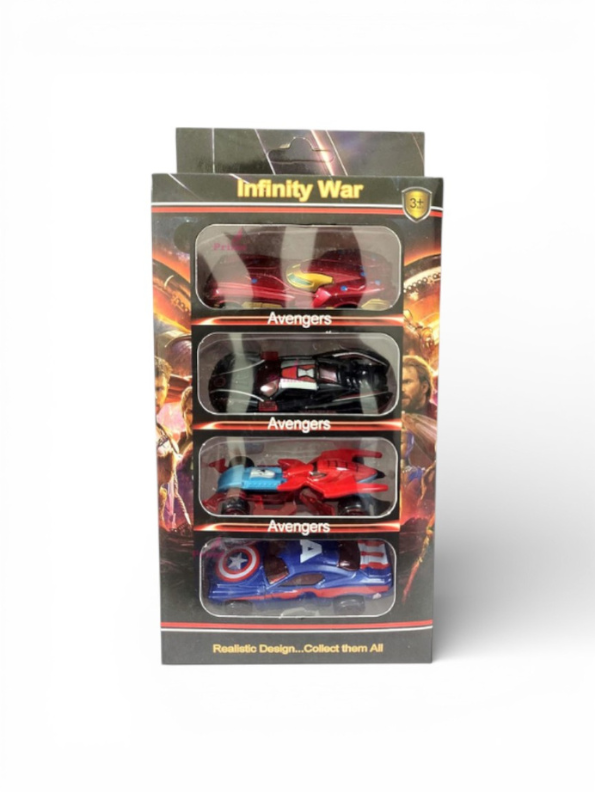 Avengers Infinity War 4-Piece Diecast Toy Car Set – Superhero Character Themed Alloy Racing Vehicles featuring Iron Man, Captain America, Spider-Man & Black WidowLMI9661
