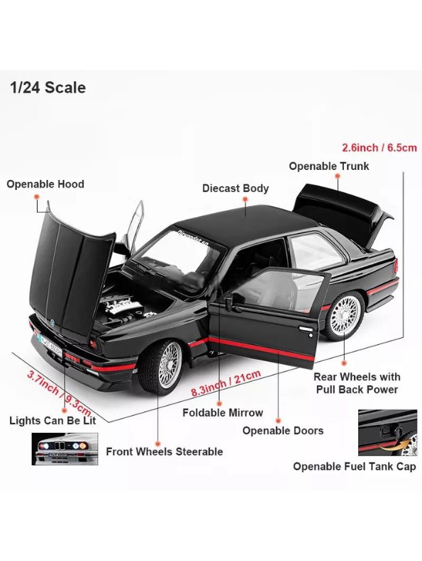 Black - BMW E30 M3 Diecast Model Car - Red Collectible Toy Car Detailed Interior & Exterior with Acrylic Display Case.