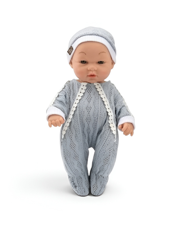 Soft Vinyl Infant Toy with Grey Knit Outfit and Lace Trim LMI13287.