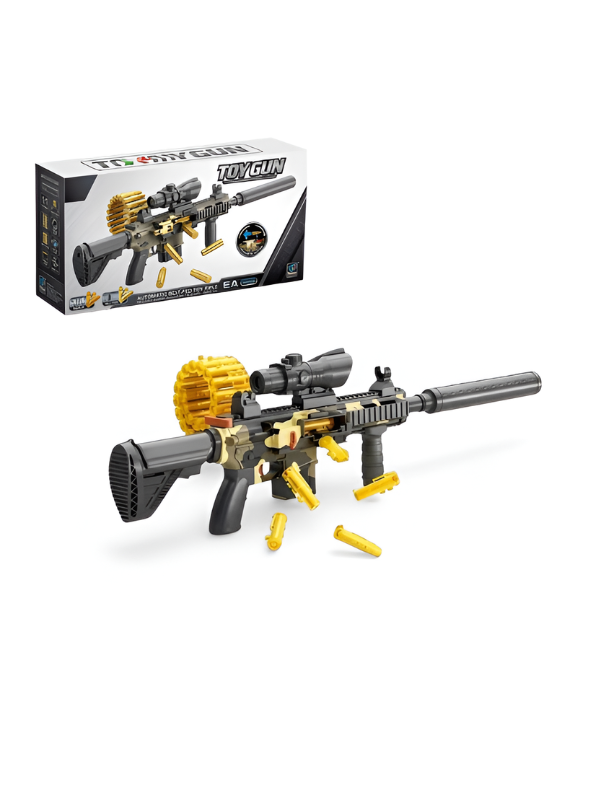 Belt-Fed Toy Rifle with Ejecting Shells – Camo M4 Style Blaster TV1704.
