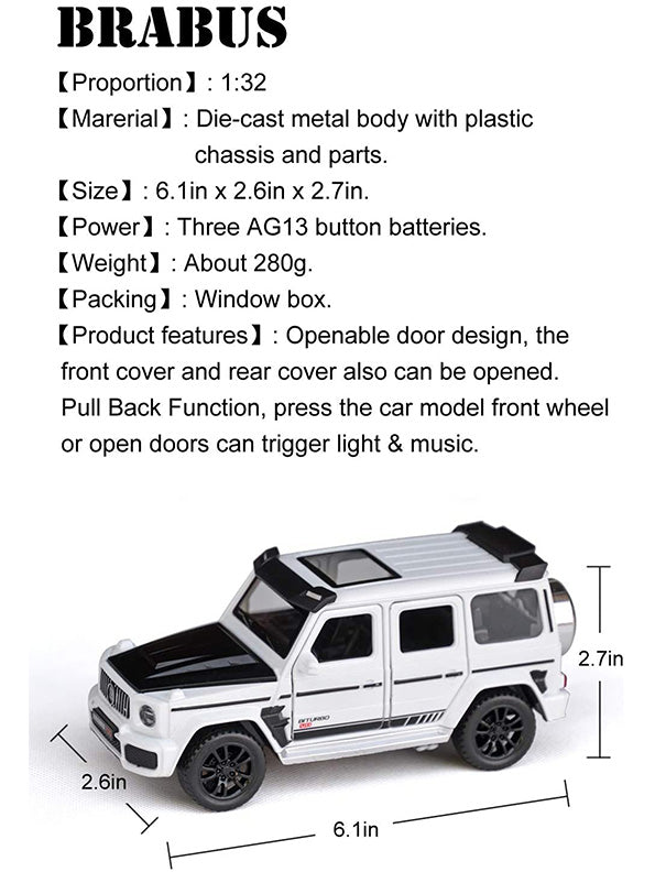 Brabus 800 Metal Model Diecast Car Lights Sound And Openable Doors - White - Toyloft