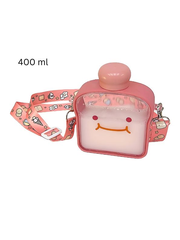 Pink - Bread-Shaped Smiley Face Plastic Water Bottle – 400ml Cute & Leakproof for Kids and Adults NOV538.