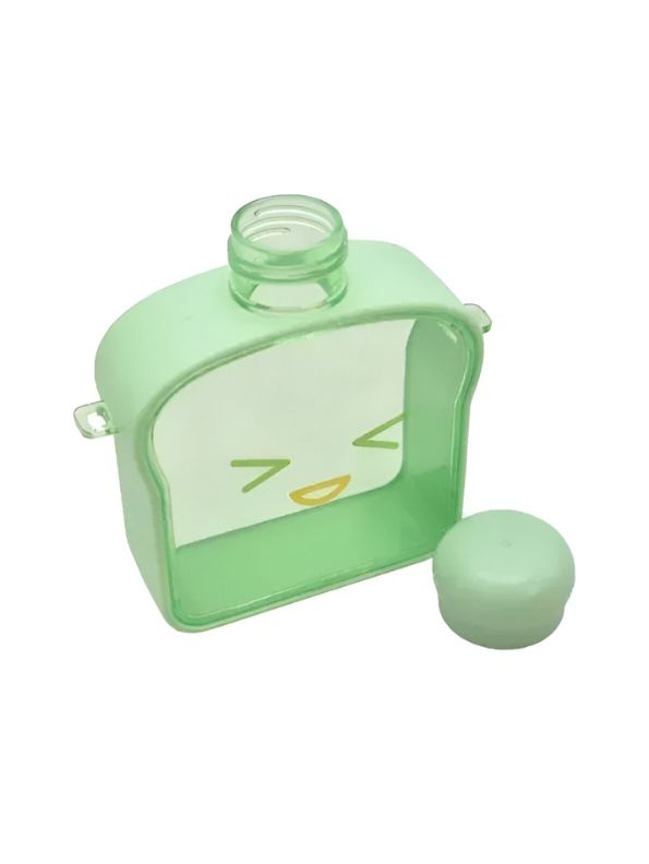 Green - Bread-Shaped Smiley Face Plastic Water Bottle – 400ml Cute & Leakproof for Kids and Adults NOV538.
