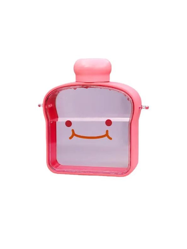 Pink - Bread-Shaped Smiley Face Plastic Water Bottle – 400ml Cute & Leakproof for Kids and Adults NOV538.