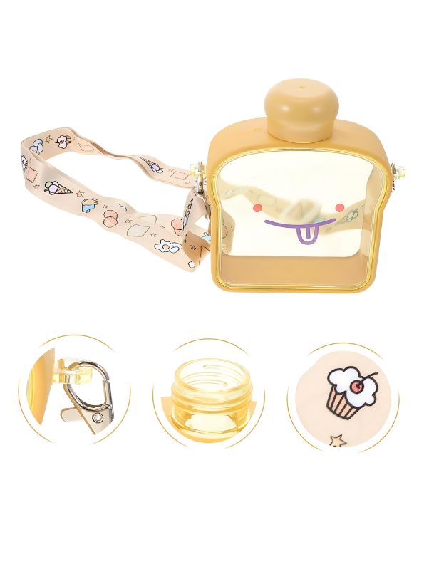 Yellow - Bread-Shaped Smiley Face Plastic Water Bottle – 400ml Cute & Leakproof for Kids and Adults NOV538.