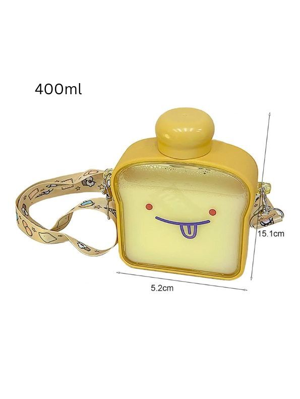 Yellow - Bread-Shaped Smiley Face Plastic Water Bottle – 400ml Cute & Leakproof for Kids and Adults NOV538.