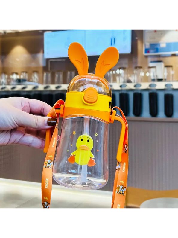 Orange - Bunny Ears Cartoon Water Bottle – 350ml Cute Leakproof Sipper with Straw for Kids NOV640.