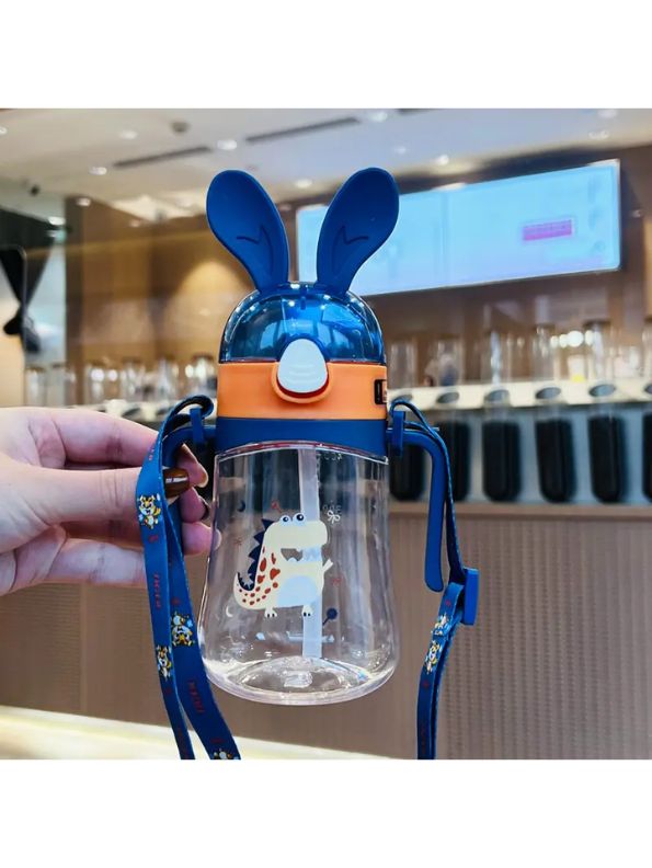 Blue - Bunny Ears Cartoon Water Bottle – 350ml Cute Leakproof Sipper with Straw for Kids NOV640.