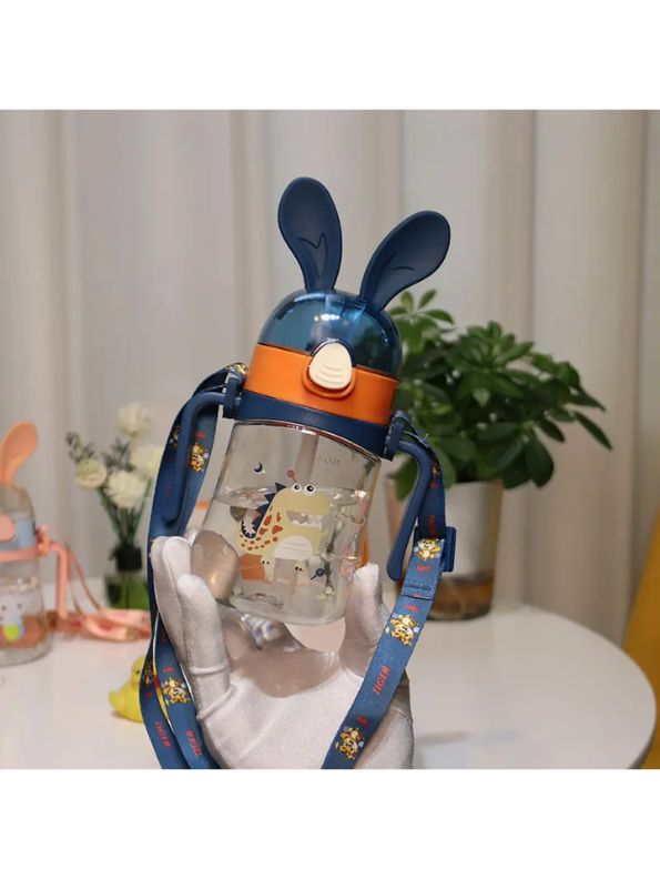 Blue - Bunny Ears Cartoon Water Bottle – 350ml Cute Leakproof Sipper with Straw for Kids NOV640.