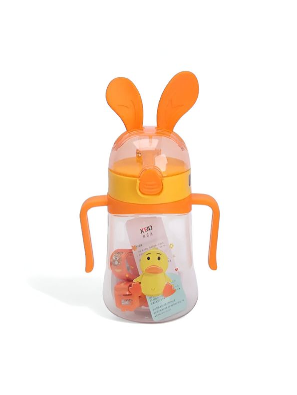 Orange - Bunny Ears Cartoon Water Bottle – 350ml Cute Leakproof Sipper with Straw for Kids NOV640.