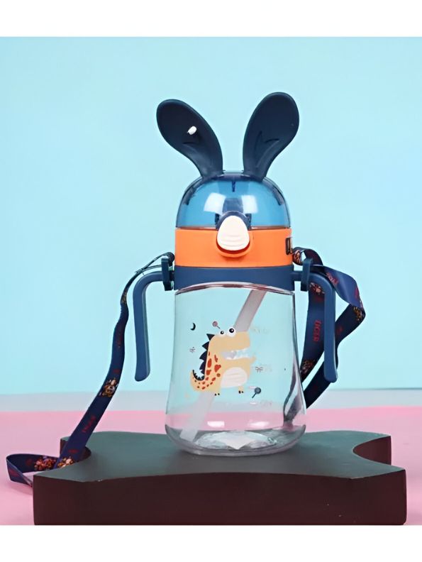 Blue - Bunny Ears Cartoon Water Bottle – 350ml Cute Leakproof Sipper with Straw for Kids NOV640.