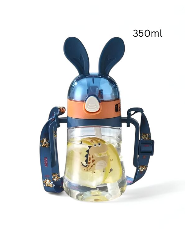 Blue - Bunny Ears Cartoon Water Bottle – 350ml Cute Leakproof Sipper with Straw for Kids NOV640.