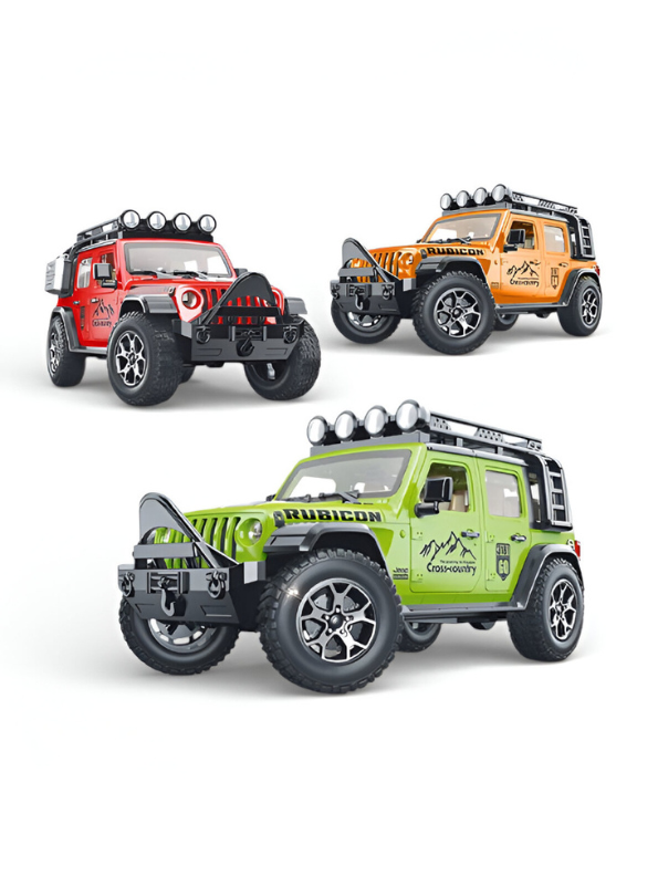 Orange 1:16 Scale Yellow Off-Road Jeep Rubicon Toy – 4x4 Friction Powered Truck with Roof Rack, Lights & Sound for Kids 3+ LMI15711