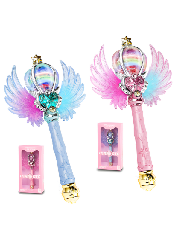 Blue Glittering Fairy Princess Magic Wand for Kids – Light-Up Musical Scepter with Angel Wings, Rotating Rainbow Ball & Sparkle Effects LMI15816