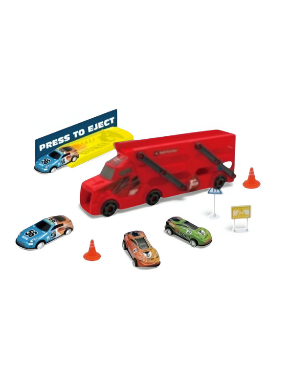 Car Carrier Truck Toy for Kids – Trailer, 6 Race Cars, Storage & Launching Ramp Red LMI15820.