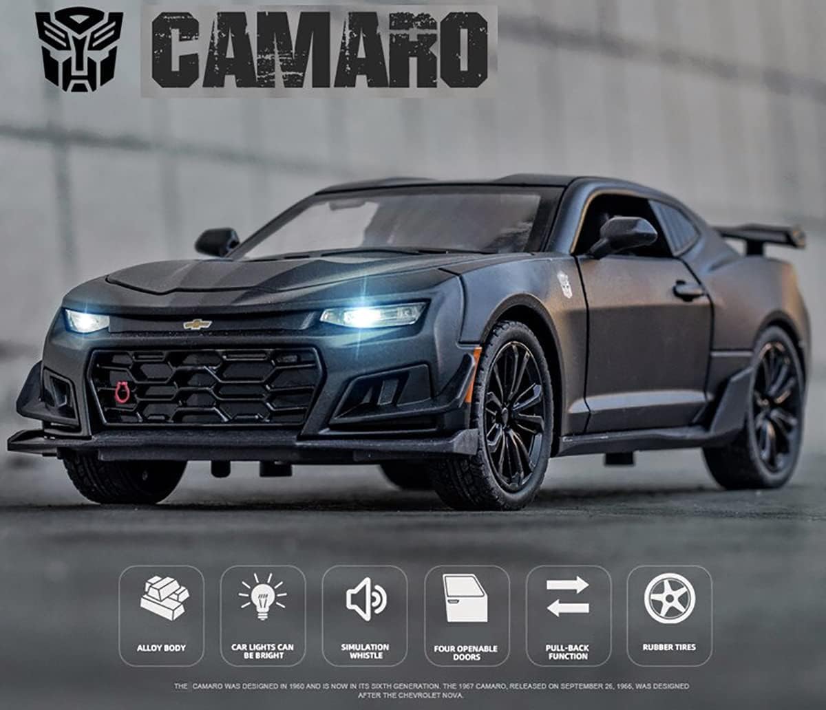 Chevrolet Camaro Metal Die Cast Car - Matte Black 1/24 - Big Size - Toyloft