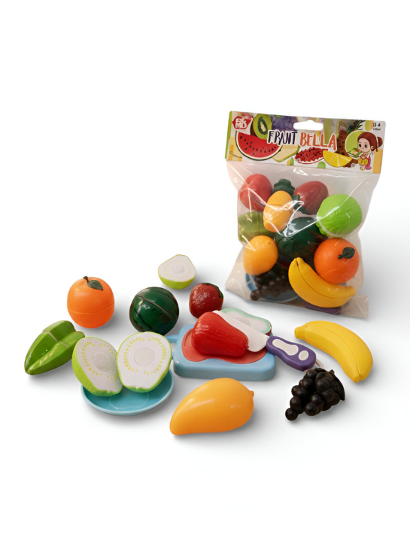 Fruit Bella Kids Play Food Set – 12+ Piece Velcro Cutting Fruit & Vegetables with Toy Knife, Cutting Board, and Storage Bag – Educational Kitchen Toy for Toddlers LMI9841