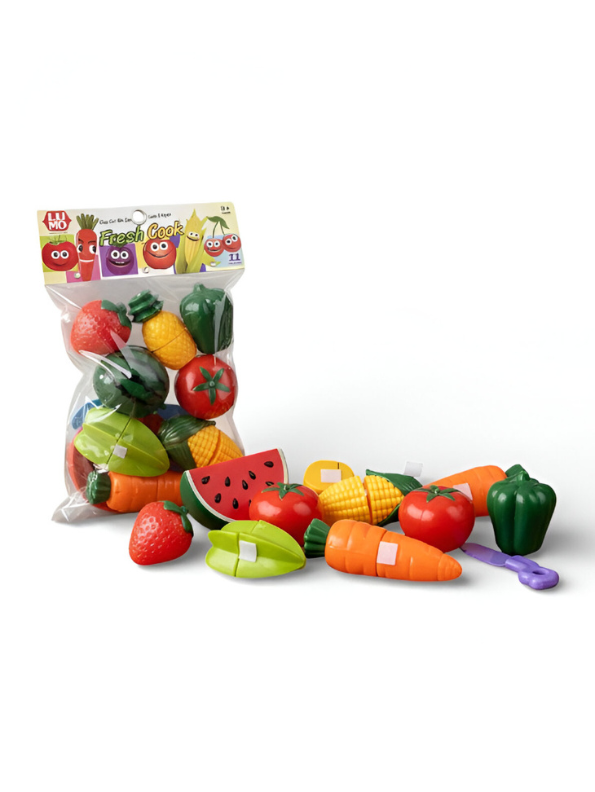 Cook 11-Piece Play Food Set for Kids – Velcro Cutting Fruits and Vegetables Toy with Plastic Knife – Toddler Educational Kitchen Accessories LMI9798
