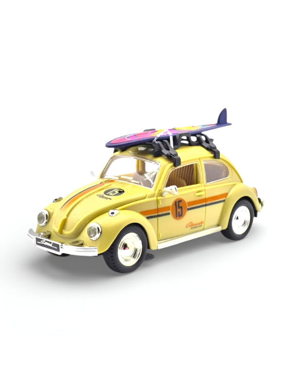 Classic Volkswagen Beetle Diecast Car 1:24 Scale with Roof Luggage Rack Yellow TV425.