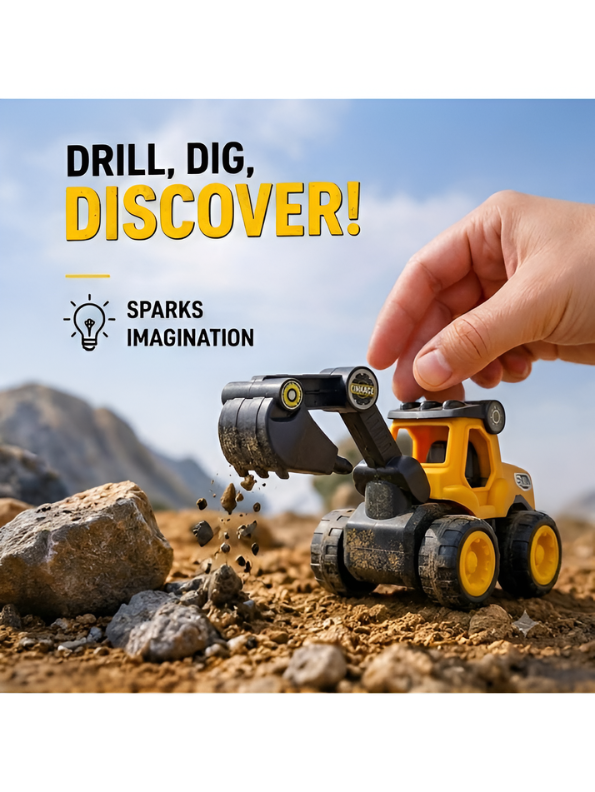Construction Excavator Toy Vehicle Playset with Mini Digger Truck, Construction Worker Figures & Road Safety Signs for Toddler Pretend Play LMI15189