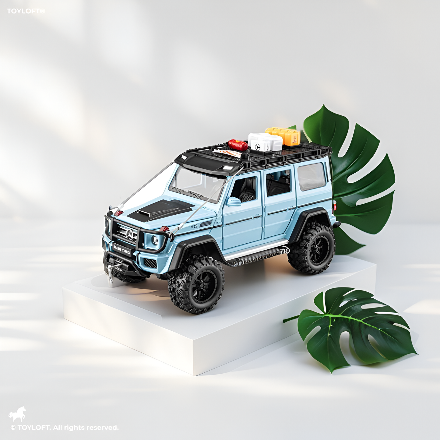 1:24 Scale Mercedes-Benz G-Wagon G65 Diecast Model Car - Brabus Travel Edition, Light Blue Off-Road SUV Toy with Roof Rack & Accessories LMI14096 - Free Car Inside.