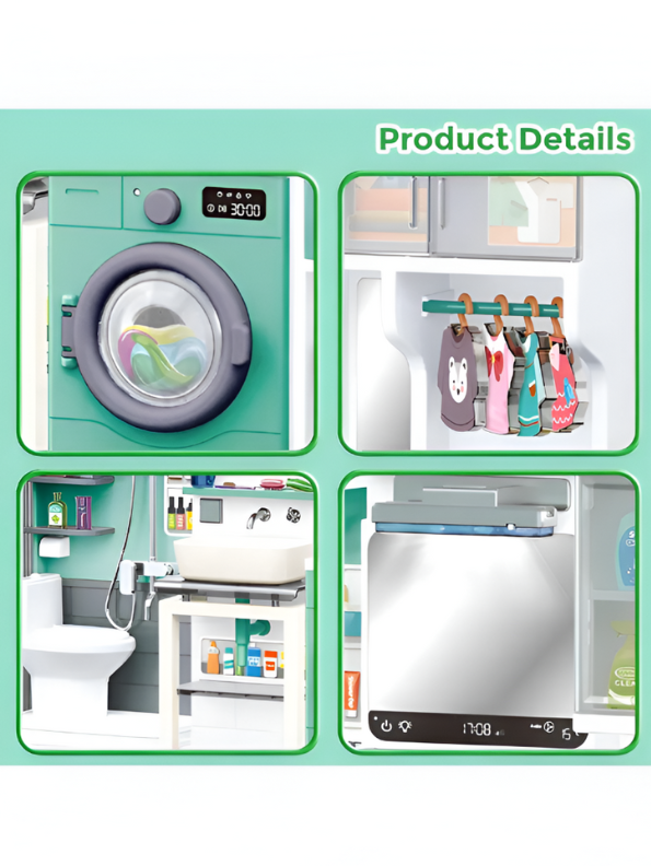 Coral Shower Set – Realistic Miniature Laundry & Bathroom Playset for Kids, Toy Washing Machine, Ironing Station & Accessories LMI13746.
