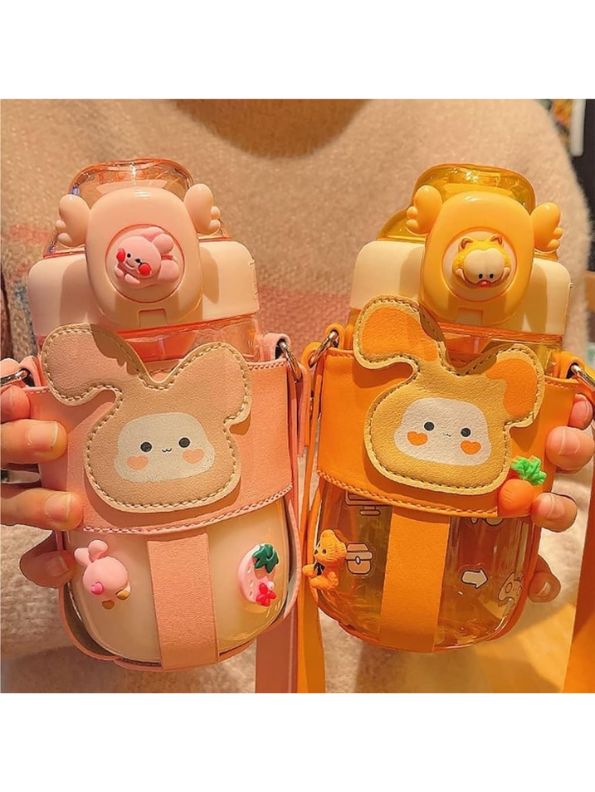 Cute Bunny 3D Face Water Bottle with Straw – 600ml Portable Leakproof Bottle with Strap for Kids, School, Sports & Travel NOV1339.