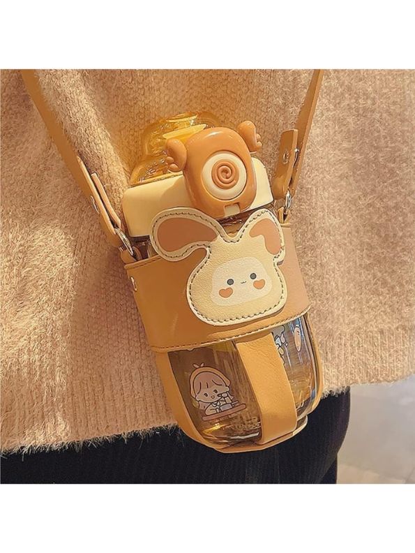Cute Bunny 3D Face Water Bottle with Straw – 600ml Portable Leakproof Bottle with Strap for Kids, School, Sports & Travel NOV1339.