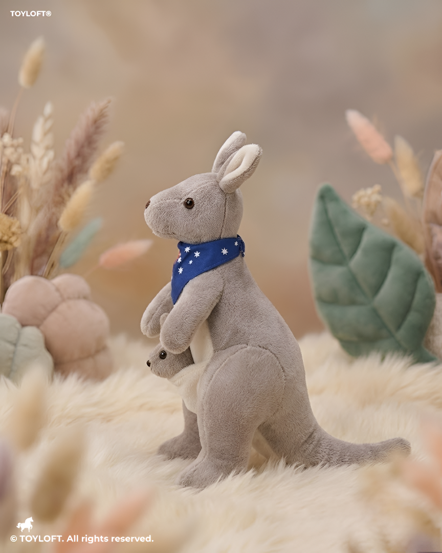Cute Kangaroo Plush with Baby Joey in Pouch – Light Grey 8-Inch Stuffed Animal Soft Toy ST11554