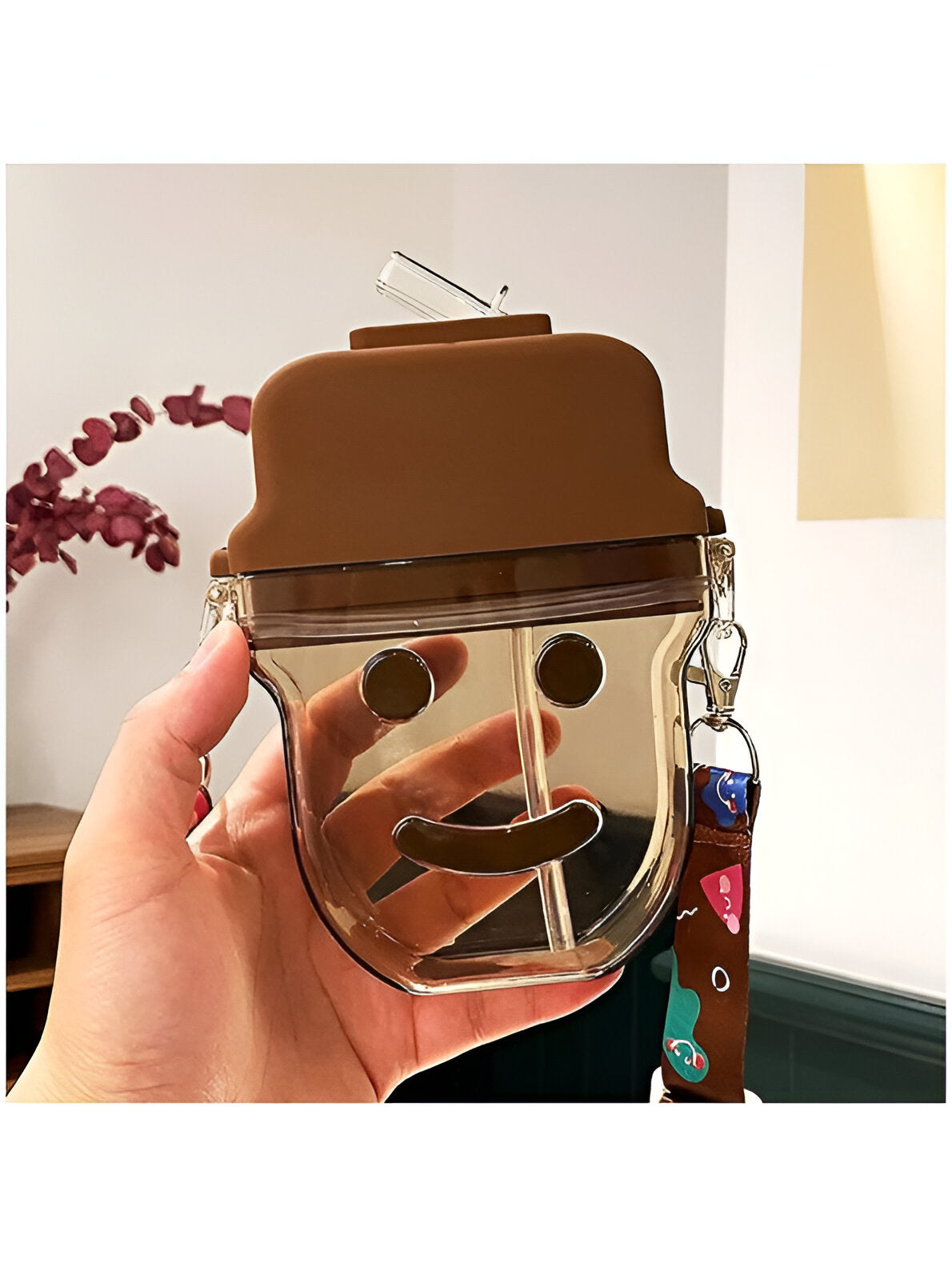 Brown - Cute Smiley Water Bottle with Straw – 300ML Plastic Bottle for Kids, School & Office Use NOV545.