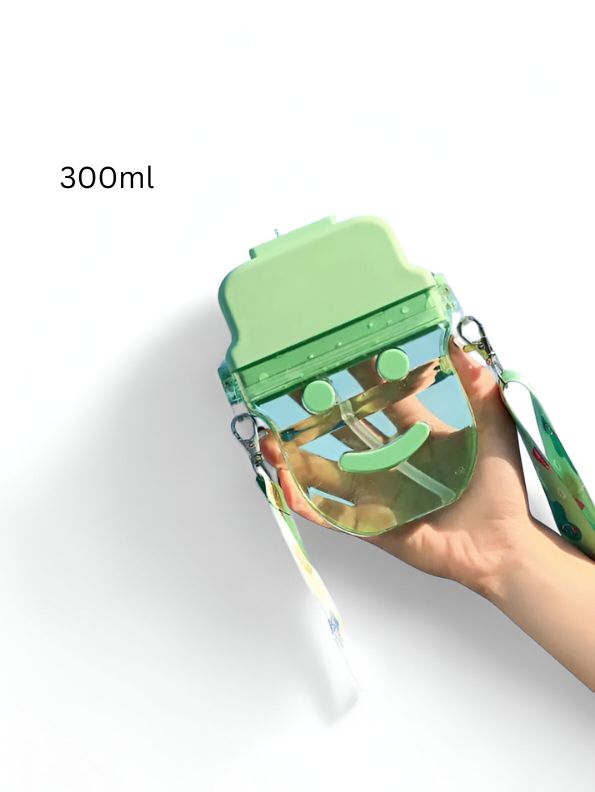 Green - Cute Smiley Water Bottle with Straw – 300ML Plastic Bottle for Kids, School & Office Use NOV545.