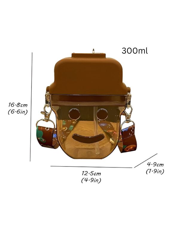 Brown - Cute Smiley Water Bottle with Straw – 300ML Plastic Bottle for Kids, School & Office Use NOV545.