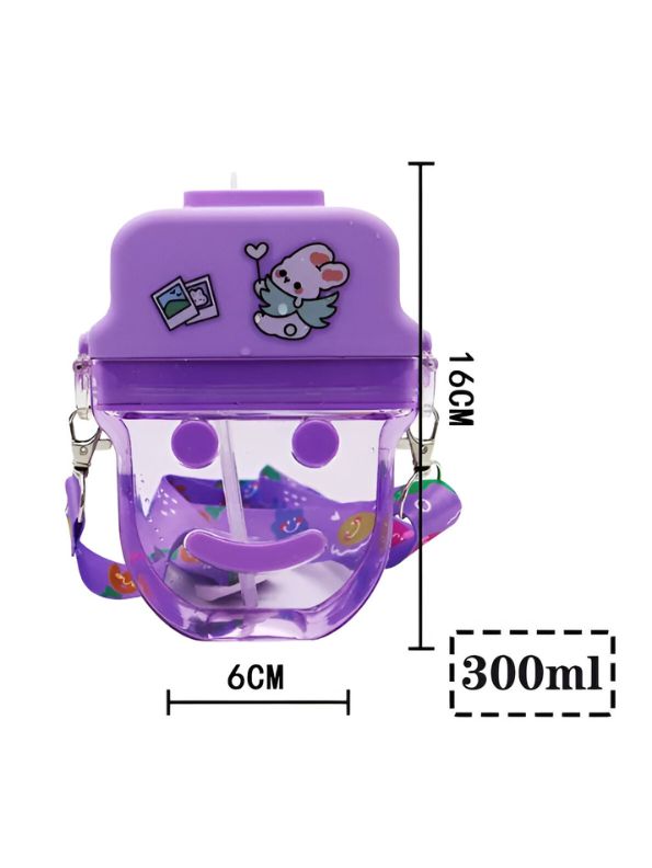 Purple - Cute Smiley Water Bottle with Straw – 300ML Plastic Bottle for Kids, School & Office Use NOV545.