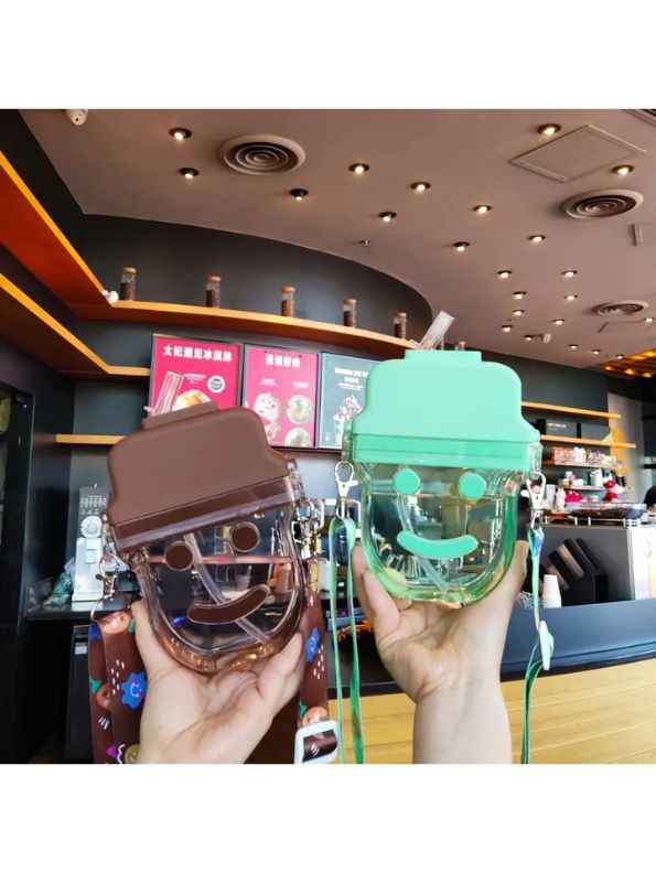 Green - Cute Smiley Water Bottle with Straw – 300ML Plastic Bottle for Kids, School & Office Use NOV545.