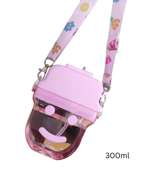 Cute Smiley Water Bottle with Straw – 300ML Plastic Bottle for Kids, School & Office Use NOV545.