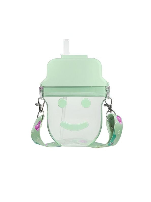 Green - Cute Smiley Water Bottle with Straw – 300ML Plastic Bottle for Kids, School & Office Use NOV545.