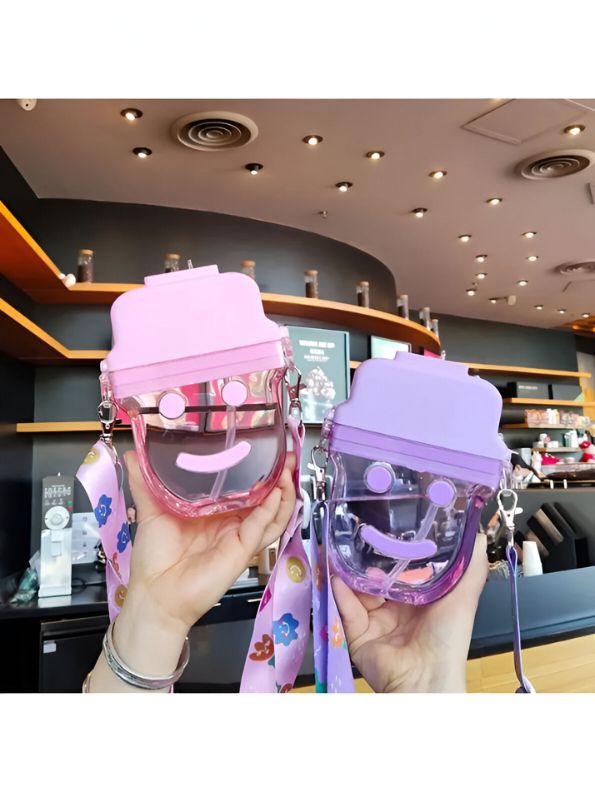 Purple - Cute Smiley Water Bottle with Straw – 300ML Plastic Bottle for Kids, School & Office Use NOV545.
