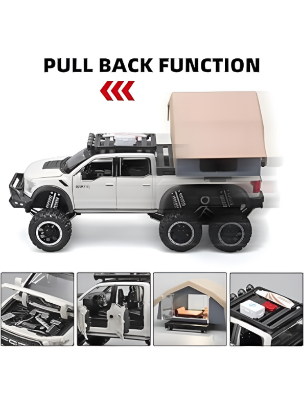 1:24 Diecast Ford Raptor 6x6 Off-Road Pickup Truck Model with Rooftop Tent & Ladder –White Overlanding Edition Beast Pickup Toy with Sound & Light LMI15678
